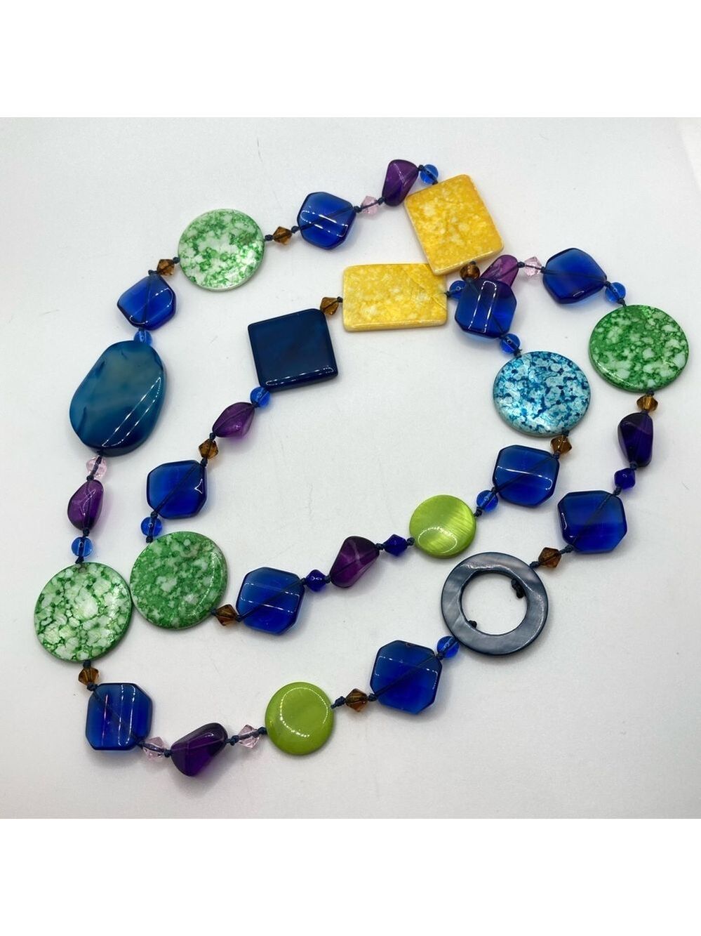 VTG Agate Mother of Pearl Glass Geometric Beaded Knottes Silk Cord Necklace 38”